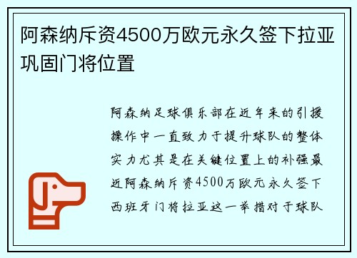 阿森纳斥资4500万欧元永久签下拉亚巩固门将位置